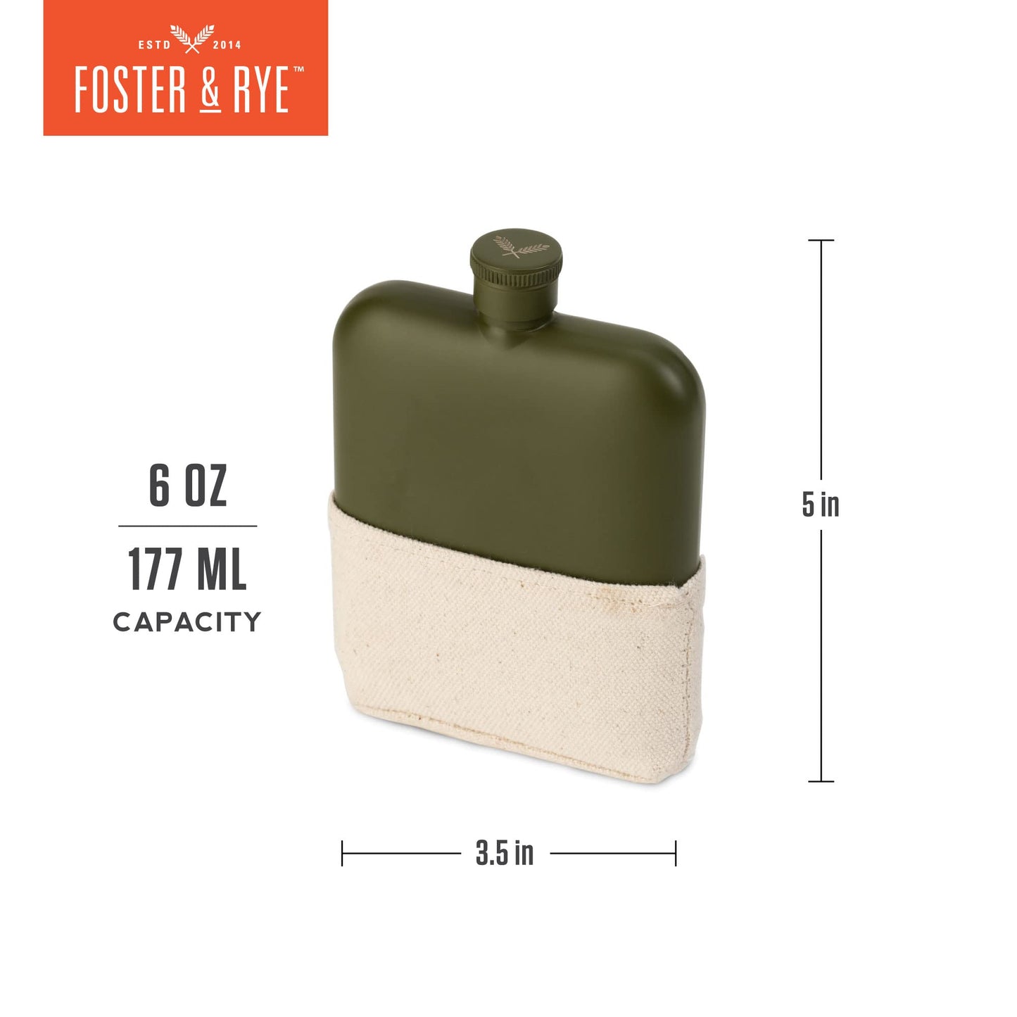 Foster & Rye Flask Whiskey Men-Stainless Steel Alcohol Matte Army Green with Canvas Wrap-6oz Set of 1, 6oz
