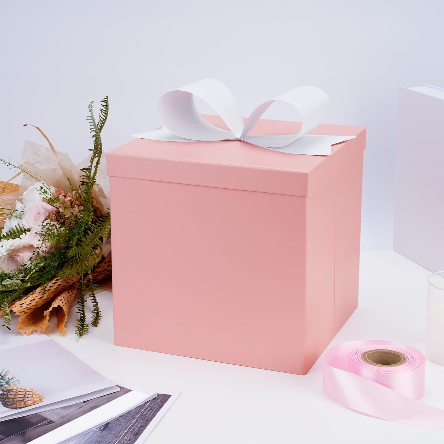 LaRibbons Large Gift Boxes with Lids, 10x10x10 Inches Pink Square Foldable Gift Boxes for Valentine's Day, Birthday, Wedding, Baby Shower, Party, All Occasion