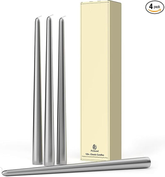 12-Inch Tall Dripless Taper Candles Set of 4 - Silver Tapered Candles, Perfect for Wedding,Christmas - Smokeless, Unscented, Long Burning - Hand Poured, Colored Tall Candlesticks - Plata