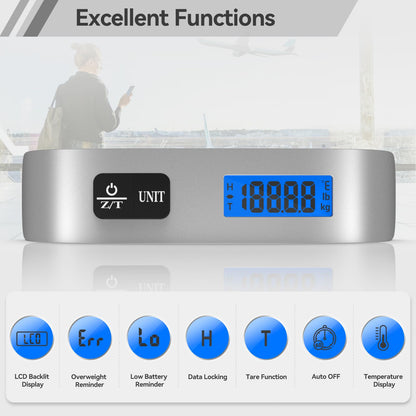 Luggage Scale Dr.meter Travel Essentials Luggage Weight Scale Backlight LCD Display 110lb/50kg Electronic Balance Digital Postal Travel Accessories with Rubber Paint Handle Temperature Sensor Silver