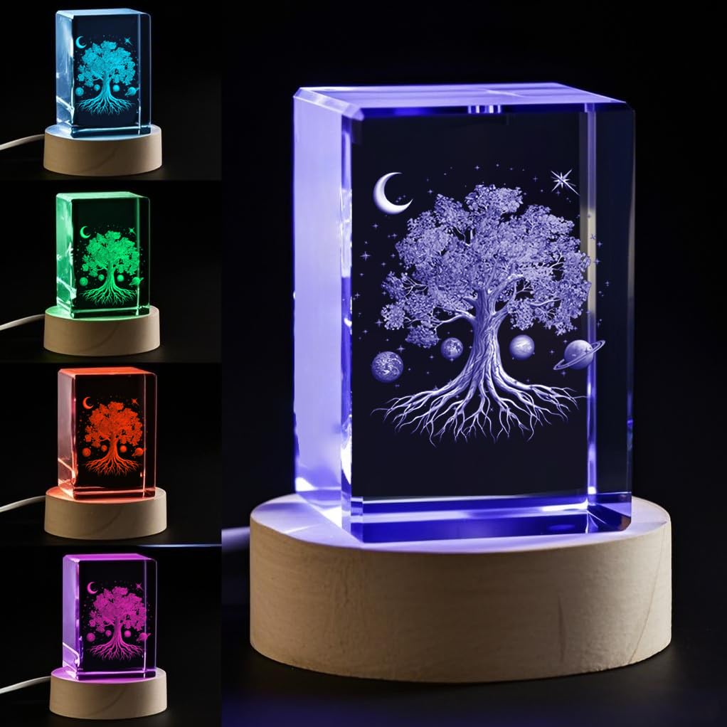 Tree of Life Gifts with Wooden Led Base, 3D Crystal Ball Tree of Life Figurine Night Light Lamp Gifts for Women Wife Girlfriend Couple Her Gift,Graduation Day,Birthday Gift for Kids, Bedroom Decor