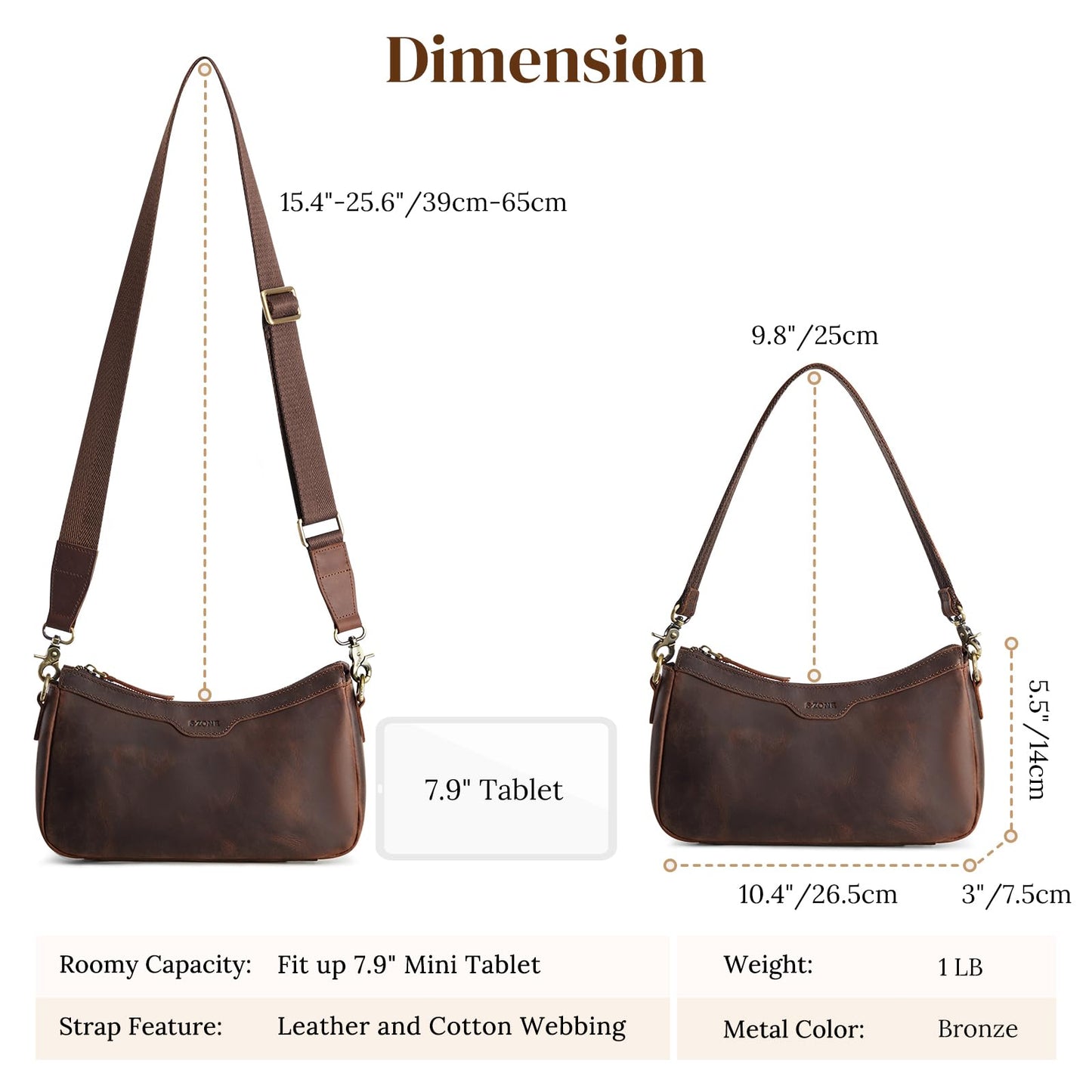 S-ZONE Leather Shoulder Bag for Women Small Crossbody Bags Hobo Purses with 2 Straps