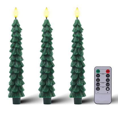 KDVOG 3Pcs Christmas Tree Candles with Remote, Real Wax Flameless Taper Candles,LED Candlesticks Window Candlelights with 3D Flickering Flame for Xmas New Year Home Decorations Gifts 9.7 in