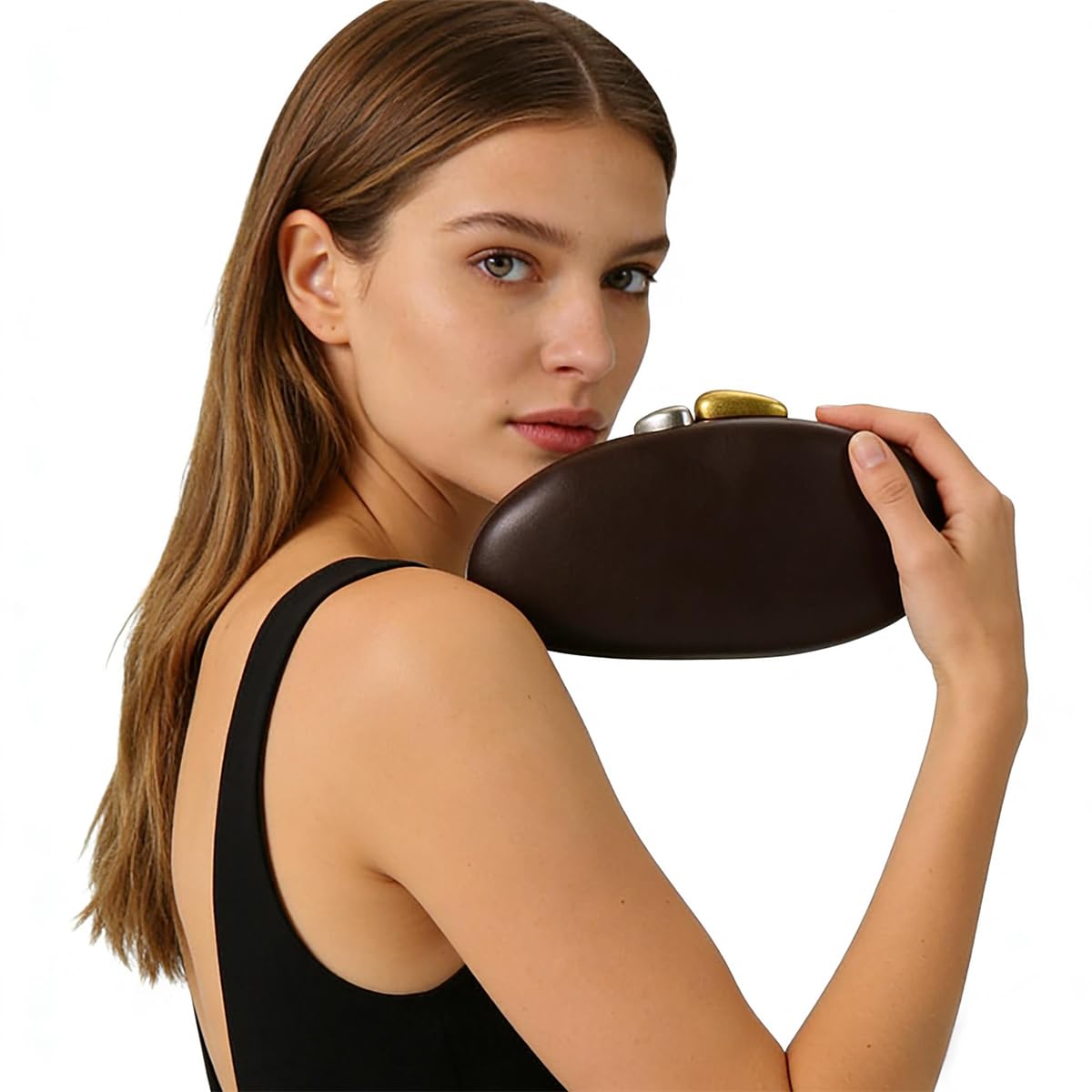 DKQXEIM Women Trendy Faux Leather Shell Evening Bag Metallic Closure Vegan Clutch Chain Strap Crossbody Bag for Casual Party Brown