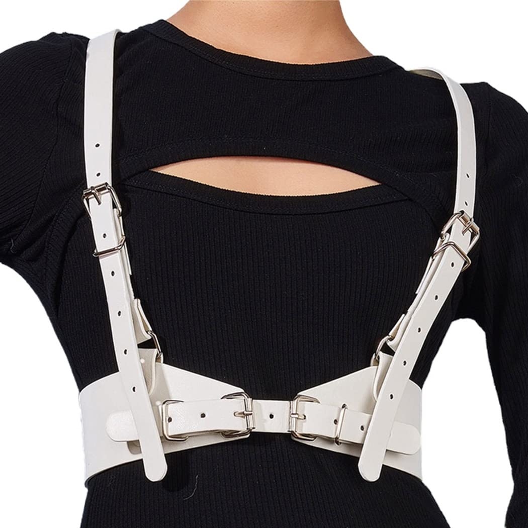 BODIY Punk Waist Strap Belt Gothic White Leather Wide Waist Belts Elastic Rave Cosplay Halloween Body Chain Accessory for Women