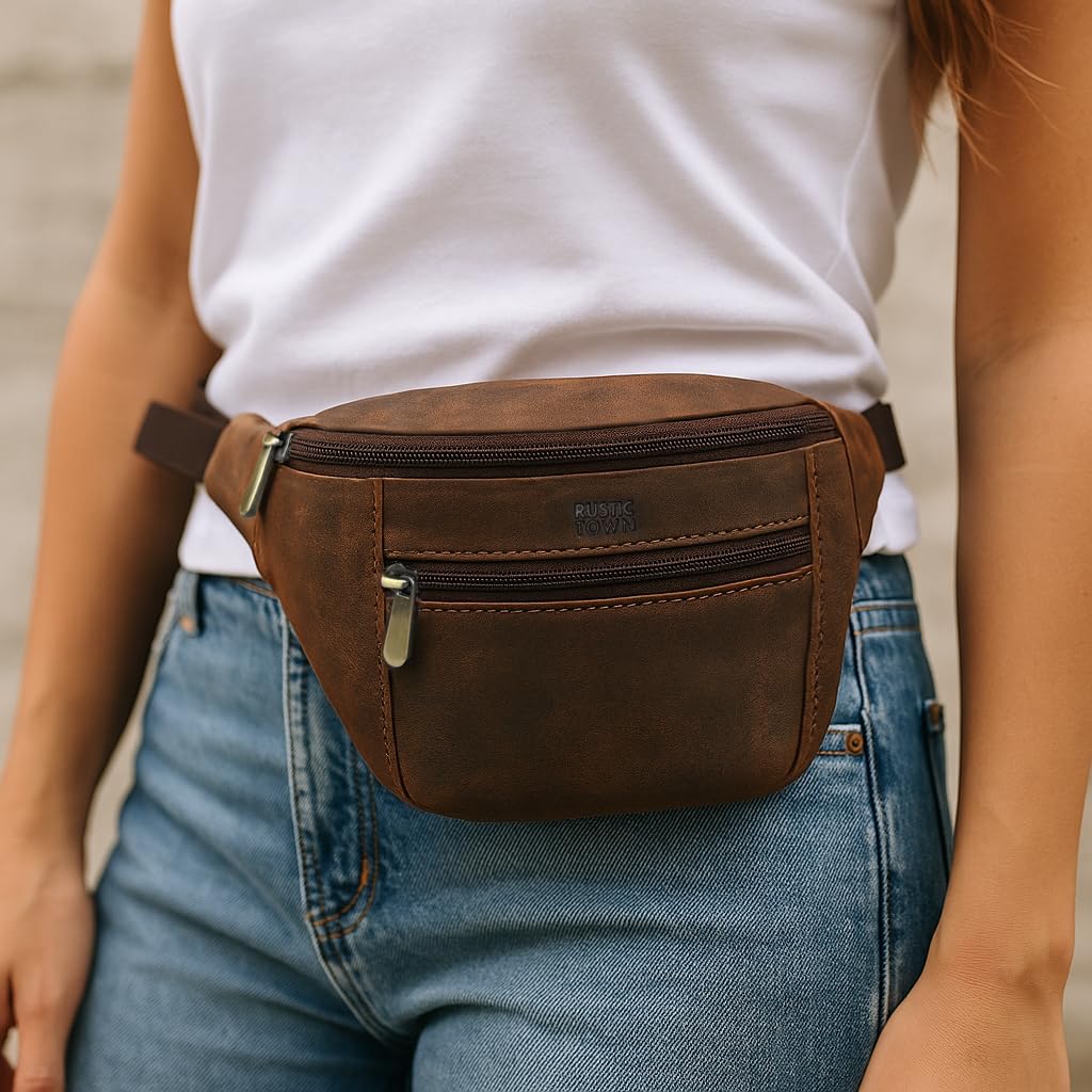 Leather Waist Pack for Men & Women - Full Grain Leather Fanny Bag, Adjustable Sling Purse & Chest Belt Bag - Multifunction Hip Bum Bag, Travel Pouch for Hiking Running & Cycling
