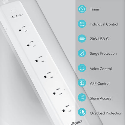 BN LINK Smart Plug Power Strip，Surge Protector with 6 Individually Controlled Smart Outlets, 4 USBs (incl. 20W USB-C), Compatible with Alexa and Google Home