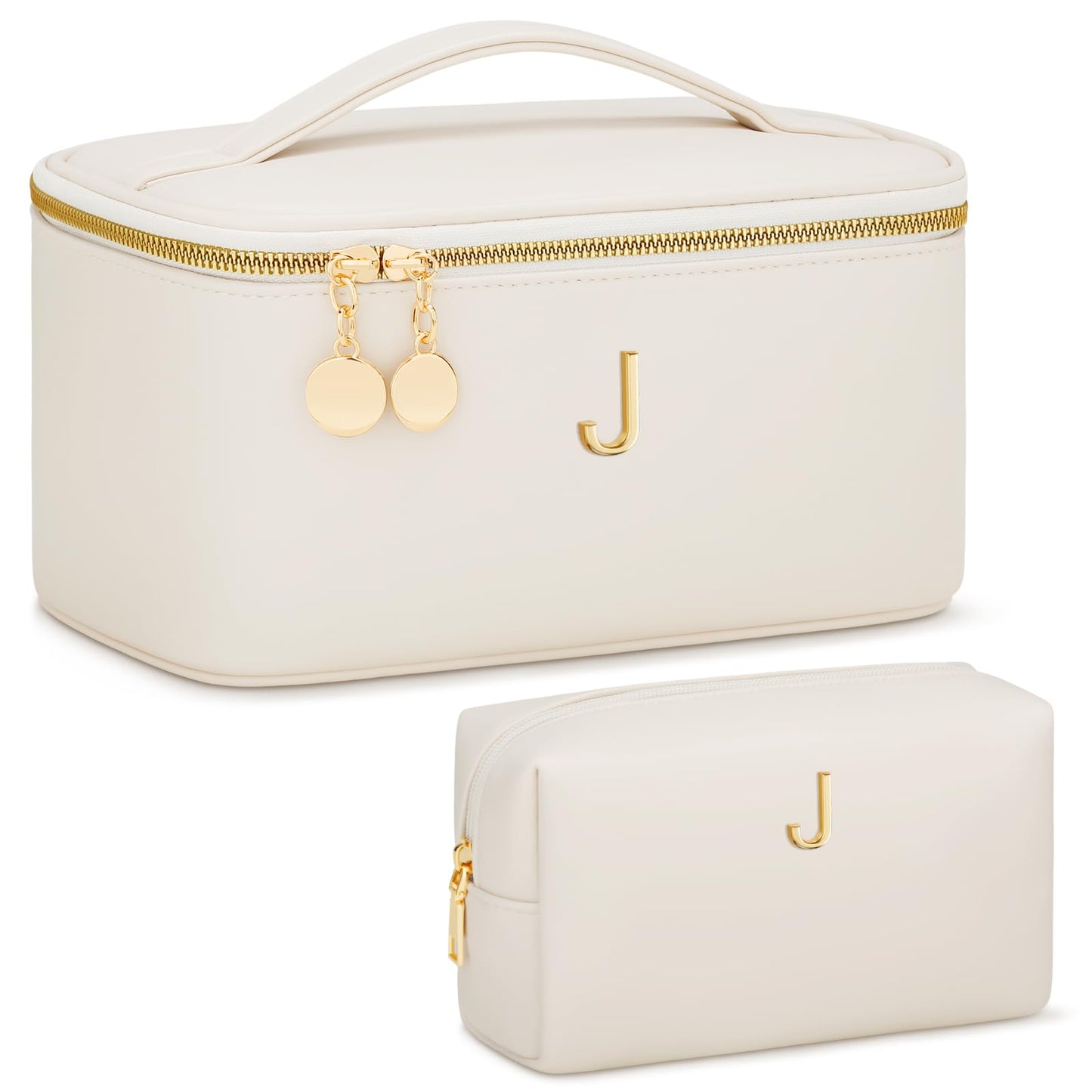 CLOUDWINGS Personalized Initial Makeup Bag Gifts for Women, Large Travel Cosmetic Organizer with Handle & Divider, PU Leather Toiletry Bag for Girls, Birthday Bridesmaid Gift Set - Beige - J
