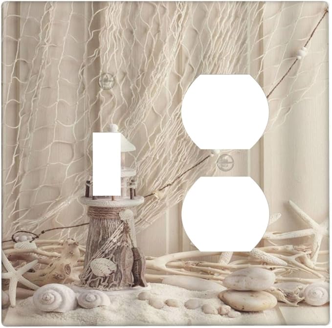 Decorative Light Switch Cover Plate Nautical Coastal Seashell Fishing Net Ocean Lighthouse Starfish 2 Gang Outlet Covers 1 Toggle 1 Duplex Wall Plate Electrical Switch Plate Covers for Bathroom Home