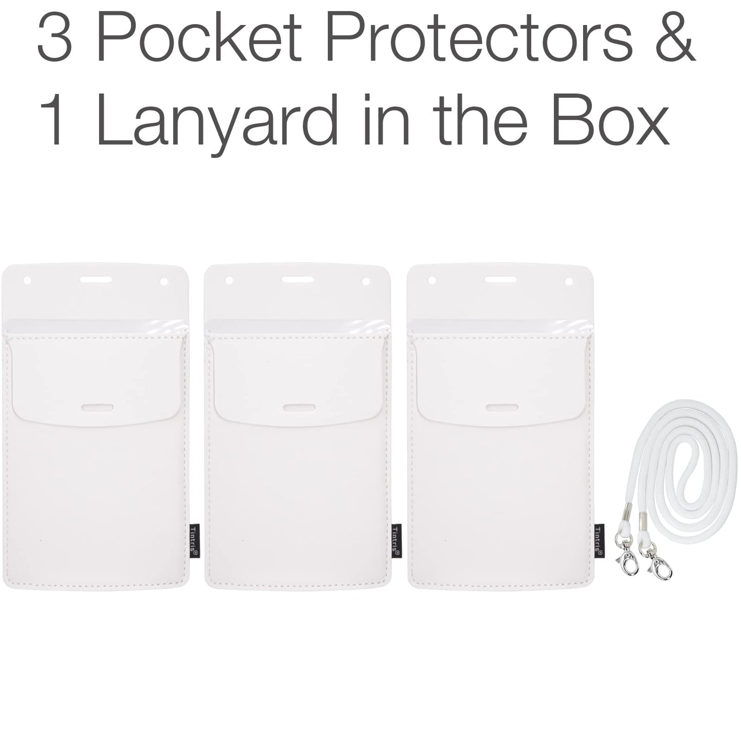 Tintris Pocket Protector, 3 Pack Leather Pen Pencil Holder Pouch Organizer for Men Pocket Shirt Lab Coat Small Tools, Designed with a Lanyard & an Extra Back Pocket, Thick PU Leather, White