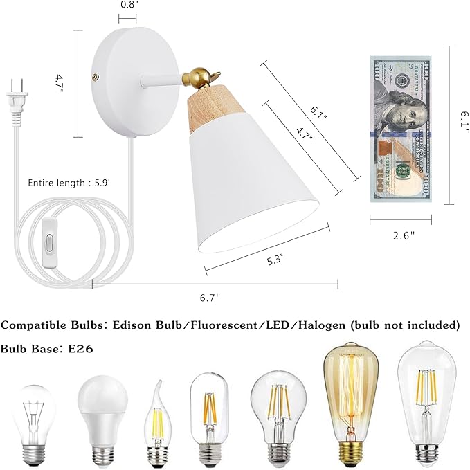 Wall Sconce with Metal Shade, Plug Switch, Indoor Decor Wall Mount Swing Arm Lamp for Bedroom,Hallway,Living Room,Reading, White