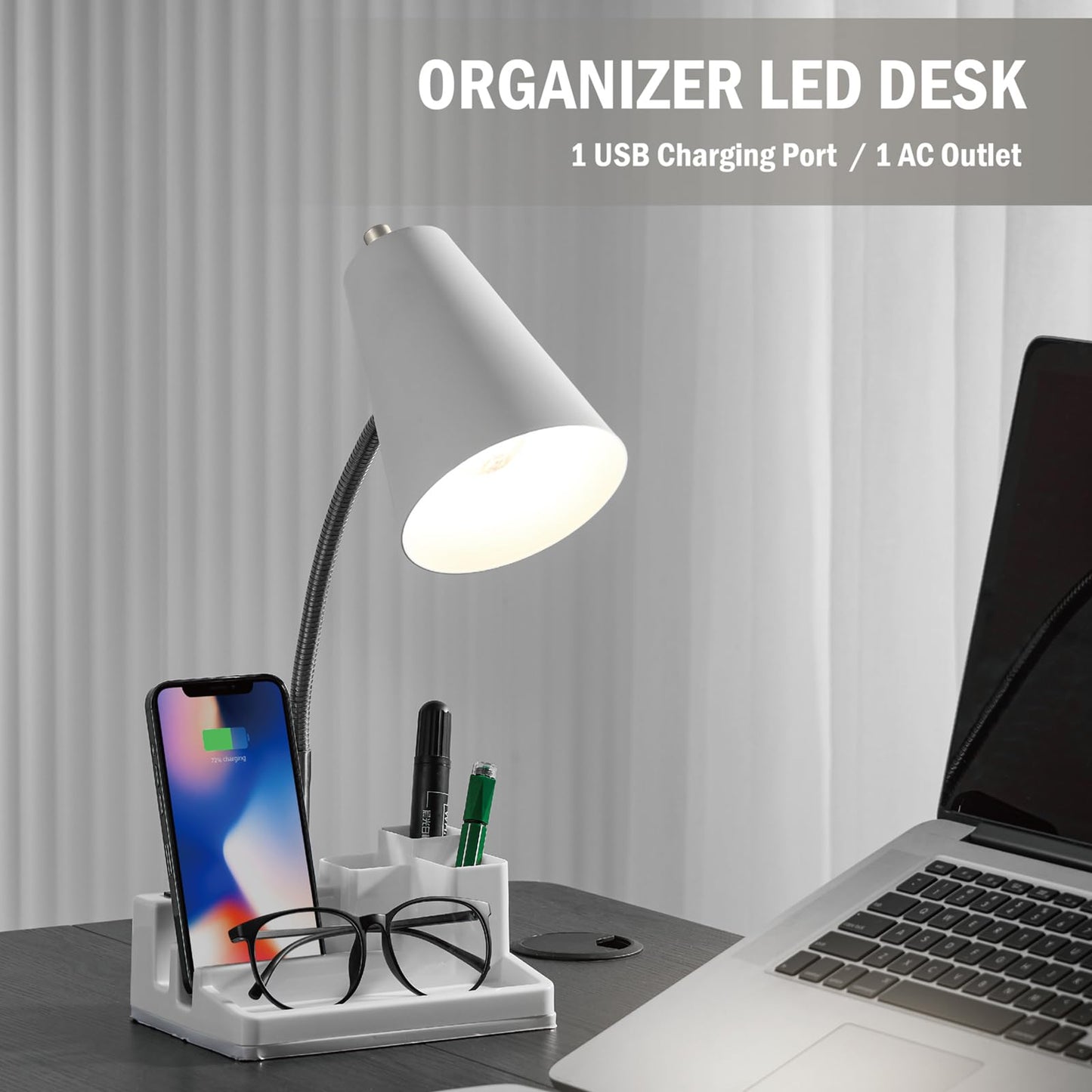 lianheng Desk Lamp Cute for Small Space, Lamp Desk with USB Port and Outlet, Desk Lamps for Home Office with Pen Holder, Study lamp for College Dorm Room, Flexible Arm, White