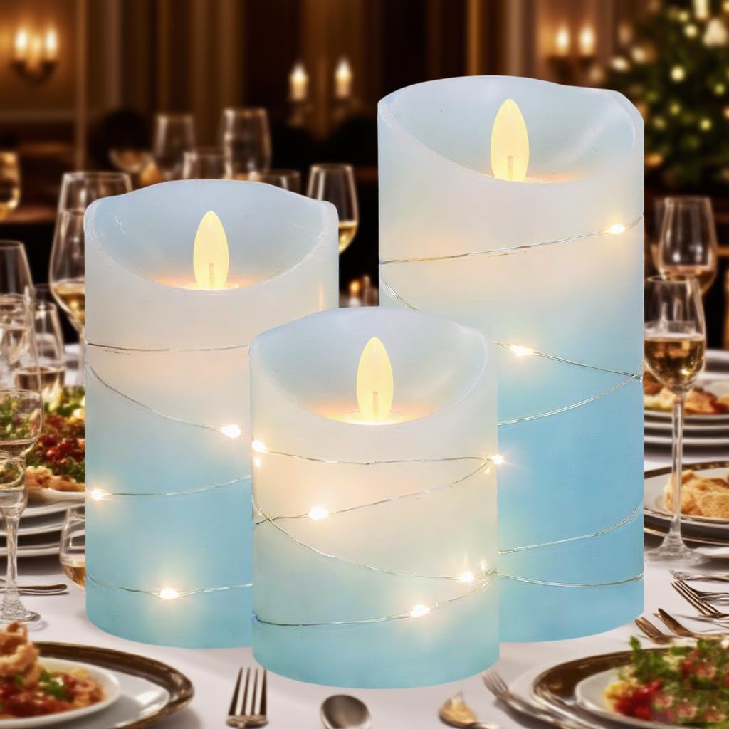 MELTONE Nautical Flameless Candles with String Lights Real Wax Ocean Blue Flickering Battery Operated Candles with Remote Control & Timer - Home Farmhouse Xmas Kitchen Dining Room Decor - Set of 3
