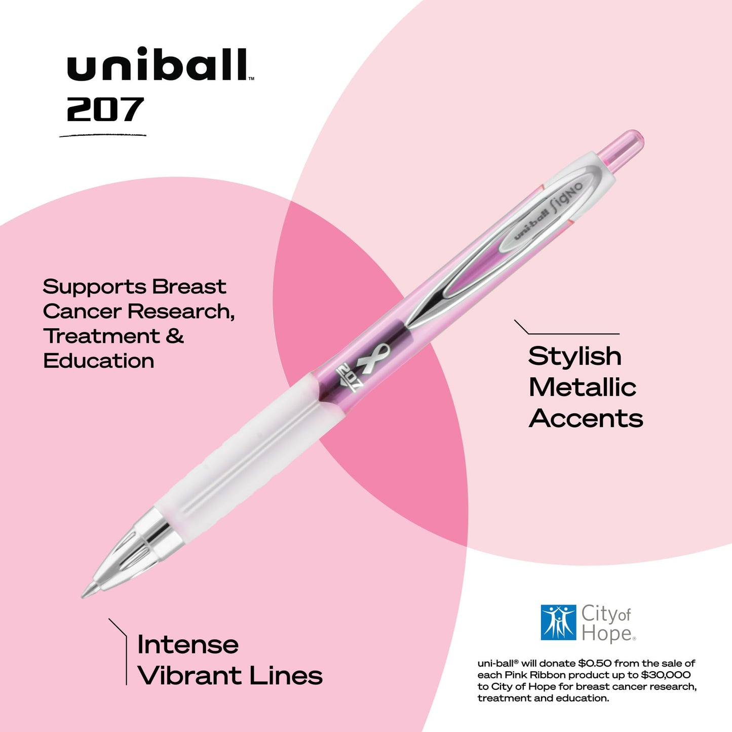 uniball 207 Pink Ribbon Retractable Gel Pens, Medium Point (0.7mm), Black, 12 Pack