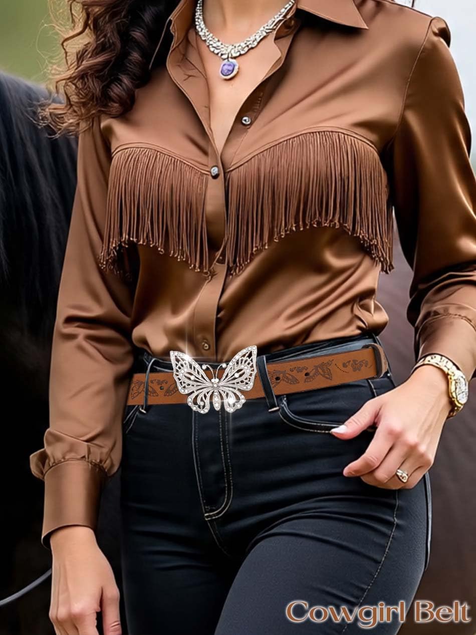 Flimire Western Skinny Leather Belt for Women Brown Country Belt for Jeans Pants Cowgirl Cowboy Belt with Butterfly Buckle (Butterfly)