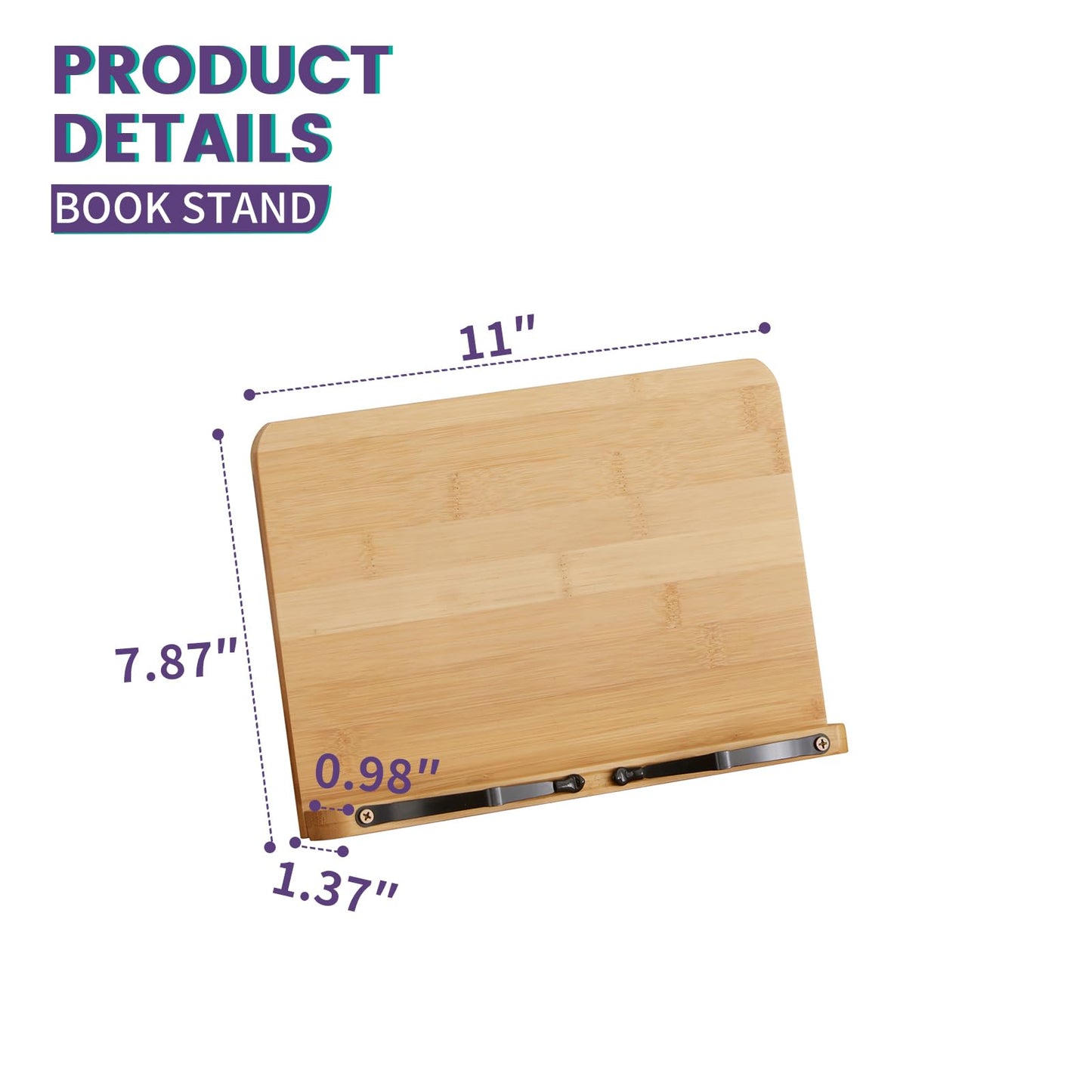 Bamboo Book Stand, Adjustable Reading Holder with Page Clips, Portable Lightweight Desk Stand for Textbooks, Cookbooks (Small)