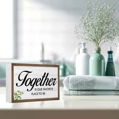 Together is Our Favorite Place Wooden Box Sign Desk Decor,Family Quotes Wooden Block Plaque Sign for Home Farmhouse Living Room Bedroom Shelf Table Wall Decor