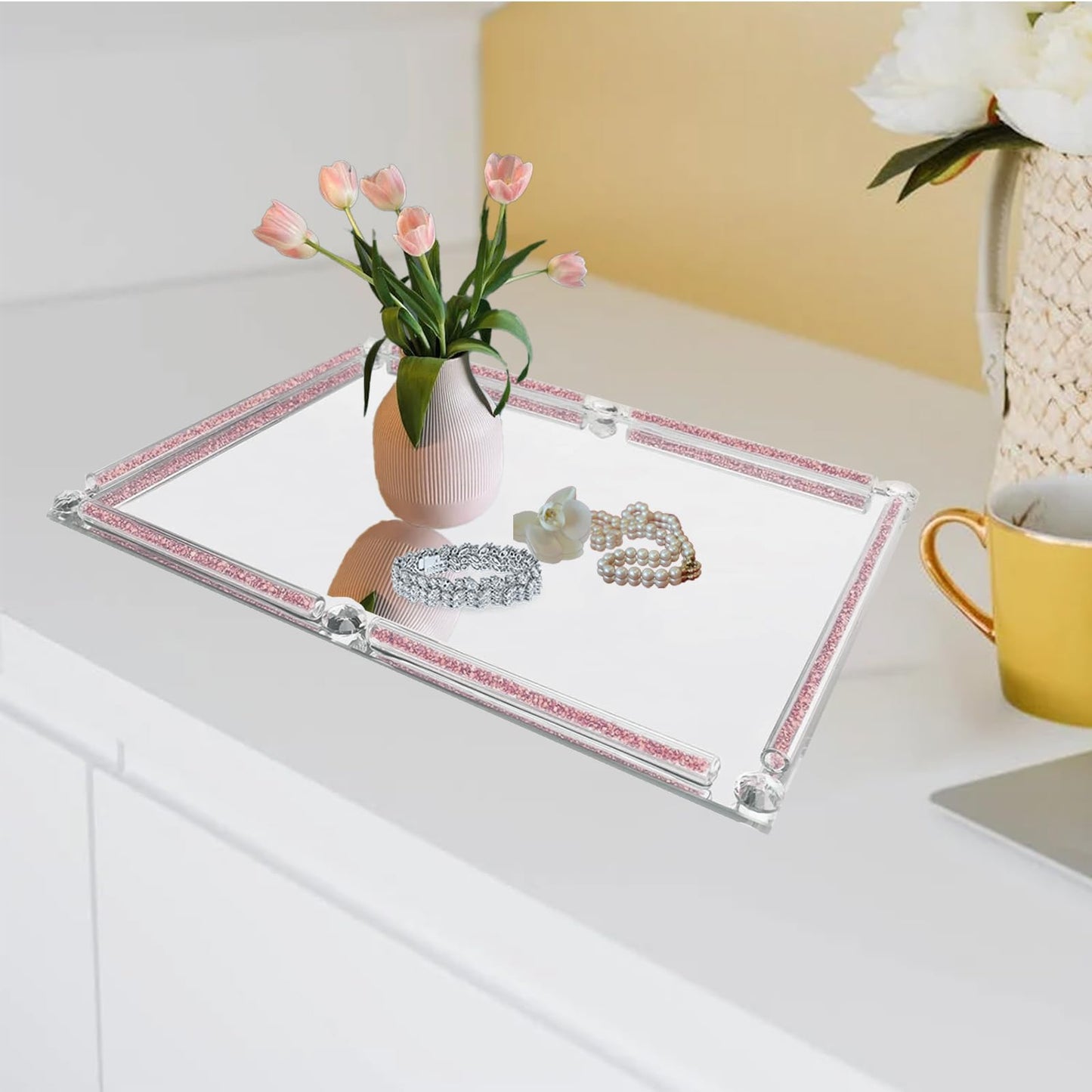 Large Crystal Serving Tray, 15.7" x 11.8" Crushed Diamond Mirror Perfume Rectangular Makeup Display Tray, Crystal Makeup Organizer for Bathroom, Home Decor, Cosmetics, Dresser(Rose Red)
