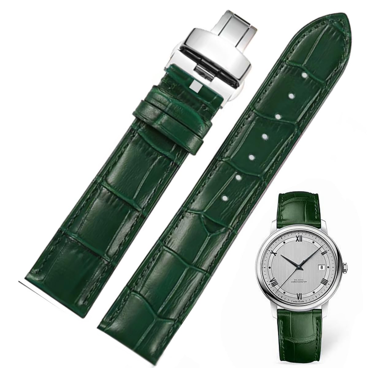 Genuine Leather Watch Bands, Italian Alligator Grain Embossed Watch Straps,Quick Release Replacement Deployment Buckle Leather Watch Straps 12mm 14mm 15mm 16mm 17mm 18mm 19mm 20mm 21mm 22mm 23mm 24mm (D-Green-silver, 22mm)
