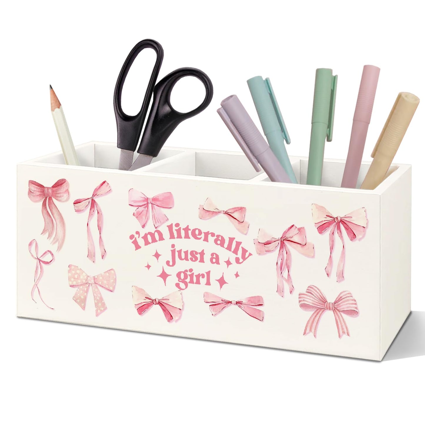 SNNDER Pink Coquette Bow Preppy Pen Holder, Preppy Desk Decor, I'm Literally Just a Girl Pink Girly Acrylic Pen Pencil Holder Organizer for Home Girls Room Dorm Office Desk Accessories