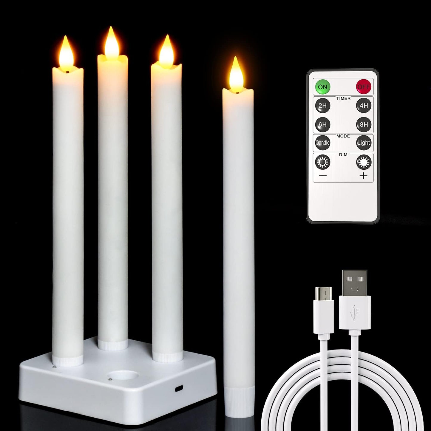 PChero Rechargeable Taper Candles with Remote Timer, 9.8 Inches Real Wax Flameless LED Tapered Candles USB Chargeable for Fireplace Xmas Holiday Home Decor, 2 H Charge/130 H Work Time