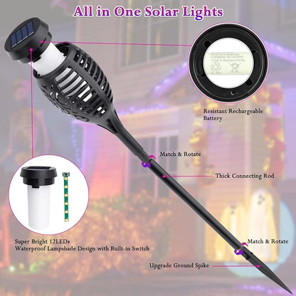 Purple Solar Halloween Lights for Halloween Decorations Outdoor, Solar Torch Lights Flickering Flame for Yard Decorations Outdoor, Waterproof LED Torch Light for Garden Pathway Party Outside Decor