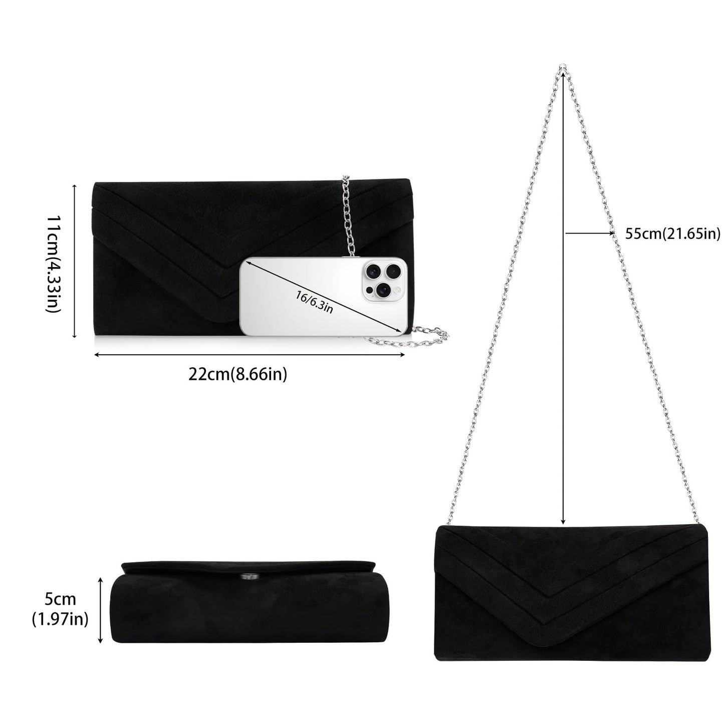 Larcenciel Elegant Black Suede Envelope Clutch Purse for Women, Soft Velvet Pleated Evening Bag with Detachable Chain Strap, Ladies Party Handbag for Formal Events, Wedding, Cocktail, Prom, Date Night