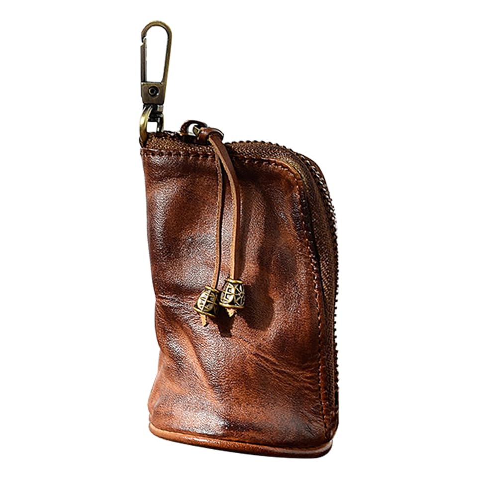 Yzikema 1 Pcs Leather Mini Medieval Pouch Keychain, Coin Organizer, Change Holder,Card Case, Genuine Leather Zipper Storage Bag for Men & Women