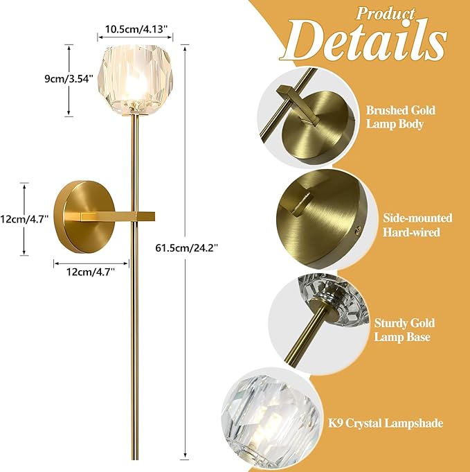 BOKT Mid Century Modern Gold Crystal Wall Sconce Set of Two Brushed Brass Gold Long Wall Sconce Lighting Set of 2 Vintage Clear Glass Hard-Wired Wall Lamp for Bedroom Bedside Living Room