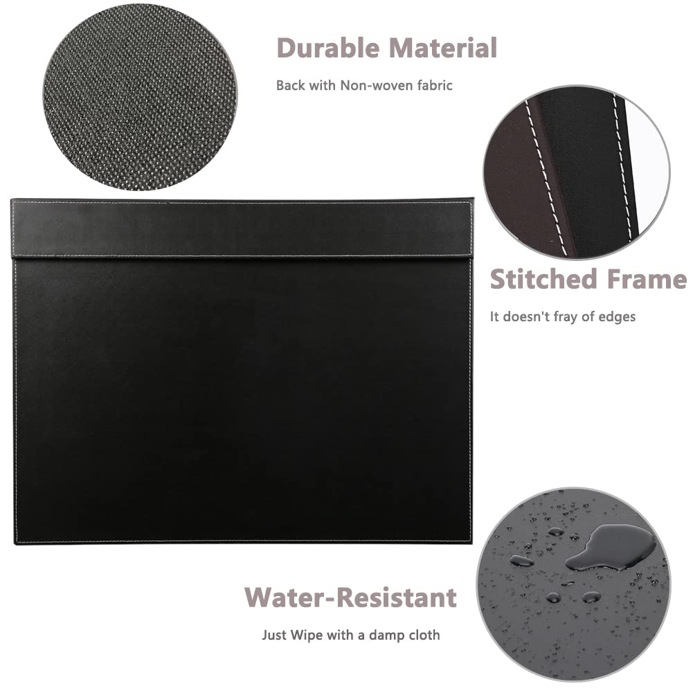 KINGFOM Ultra-Smooth PU Leather Desk Pad & Mat Office Desk Drawing & Writing Board A3/ A4 File Paper Clip Table Protector Mat on Top Large 24''x18'' (Black)