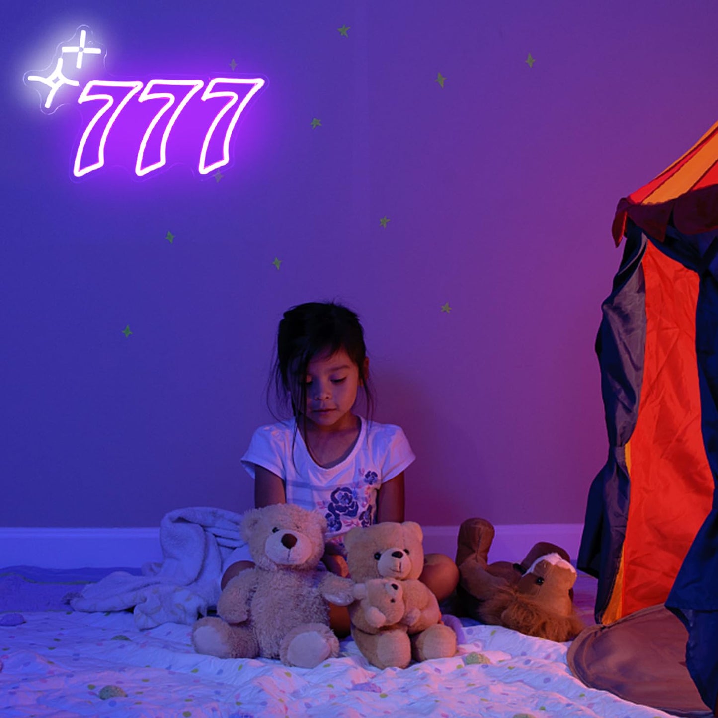 Purple 777 Neon Sign Angel Number Neon Lights Signs Lucky Number Seven LED Neon Signs for Wall Decor White Star Neon Wall Sign 777 Light Up Sign for Bedroom Dorm Birthday Party Y2k Room Decor