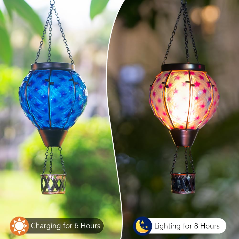 Solar Hot Air Balloon Lantern with Flame,Glass Solar Hanging Lights Outdoor Waterproof,Hot Air Balloon Solar Blue Star Lamp Decorative for Lawn Porch Tree Yard