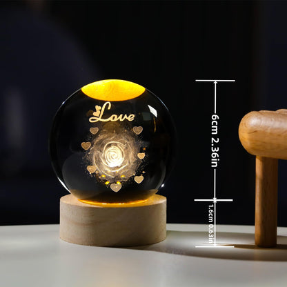 Arikyrist 3D Rose Crystal Ball Gift for Girlfriend, Laser Engraved Rose Flower Glass Sphere Home Decor, Crystal Ball Night Light with Wooden Light Base