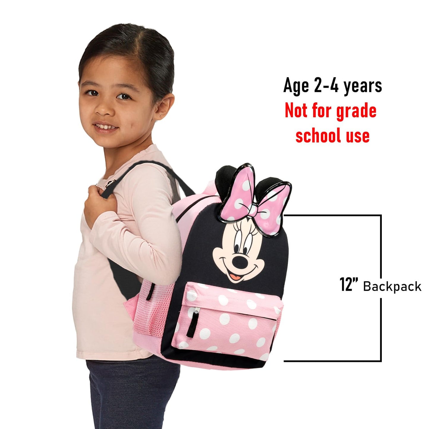 Disney Minnie Mouse Backpack for Girls Toddlers Kids - Bundle with 12" Preschool Toddler Backpack with Ears, Bow, and Stickers (Minnie Mouse School Supplies)
