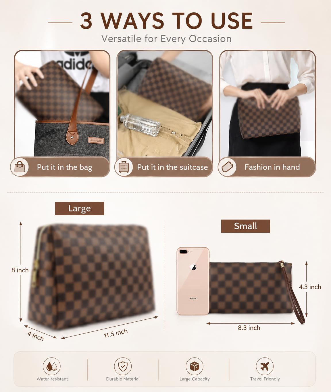 2 Pack Makeup Bag Set for Women, Large Brown Leather Cosmetic Bag + Small Zipper Pouch, Water-Resistant Travel Toiletry Organizer with Smooth Metal Zipper, Stylish Storage for Daily Use & Gift