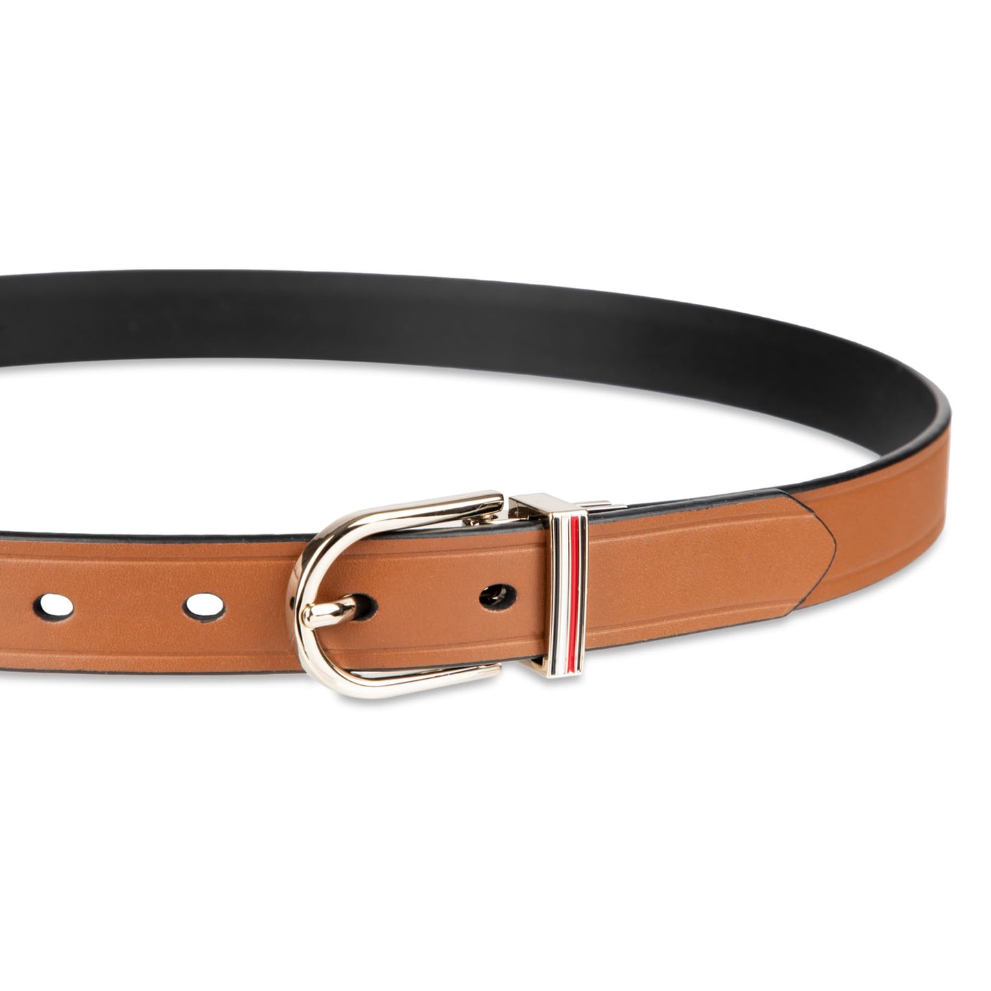 Tommy Hilfiger Women's Reversible TH Flag Enamel Slim Belt, Tan/Black, Large