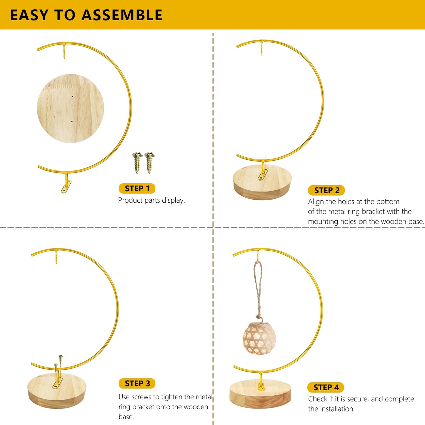 YY YEARCHY 11-inch Ornament Display Stand with Wooden Base Metal Hook Tabletop Holder for Hanging Glass Globe Ball Gifts(1, Bright Gold)