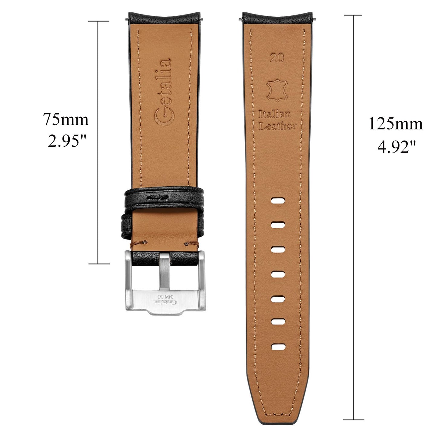 Getalia Italian Full grain vegetable tanned leather watch Bands Curved Strap,Compatible with Omega X Swatch Moonswatch Speedmaster/Rolex/SEIKO/Swatch Watch straps Men Women (Black-width：20mm)