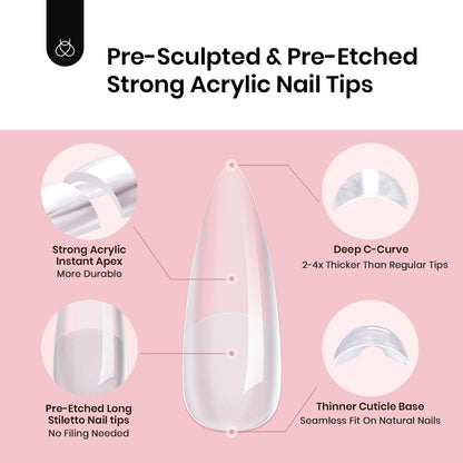 Beetles Tipex Gel Nail Kit, Medium Almond Nail Tips 224 Pcs 16 Sizes Pre-Building Pre-Etched Thick Acrylic Tips with Tipex Glue, Mini Lamp