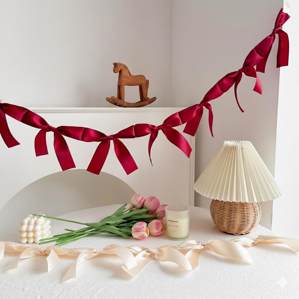 Eanjia Pre-Assembled Red Bow Garland | Double Side Satin Silk Bow Banner and Extend Ribbon for Coquette Birthday Bridal Shower & Bachelorette Party,Read to Hanging (Red, 6ft)