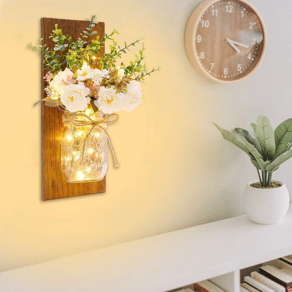 Rustic Wall Sconces Mason Jar Sconces Handmade Wall Art Hanging Design with Remote Control LED Fairy Lights and White Peony, Wall Decor Gift Farmhouse Wall Home Decor Living Room Lights Set of Two