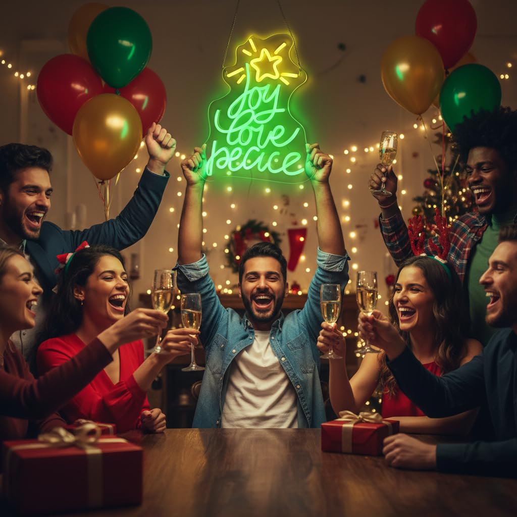 Christmas Tree Neon Sign, Xmas Trees Peace Love Joy Christmas Decoration, USB Powered Led Merry Christmas Neon Light Up Sign for Wall Decor, Xmas Led Sign for Home Holiday Gift New Year Party Backdrop