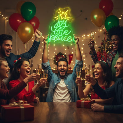 Christmas Tree Neon Sign, Xmas Trees Peace Love Joy Christmas Decoration, USB Powered Led Merry Christmas Neon Light Up Sign for Wall Decor, Xmas Led Sign for Home Holiday Gift New Year Party Backdrop