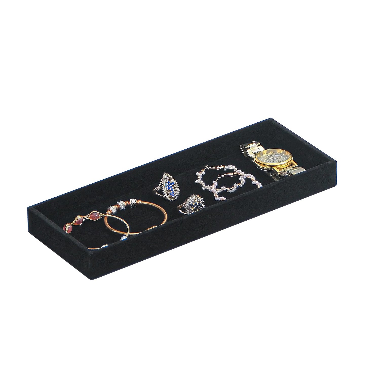 2Pcs Desk Drawer Storage Tray, Nightstand Organizer Tray, Necklace Bracelet Ring Earring Jewelry Display Tray, Grid Table Organizer Holder Tray for Sunglass, Phone, Watch, Perfume (1 grid)/Black