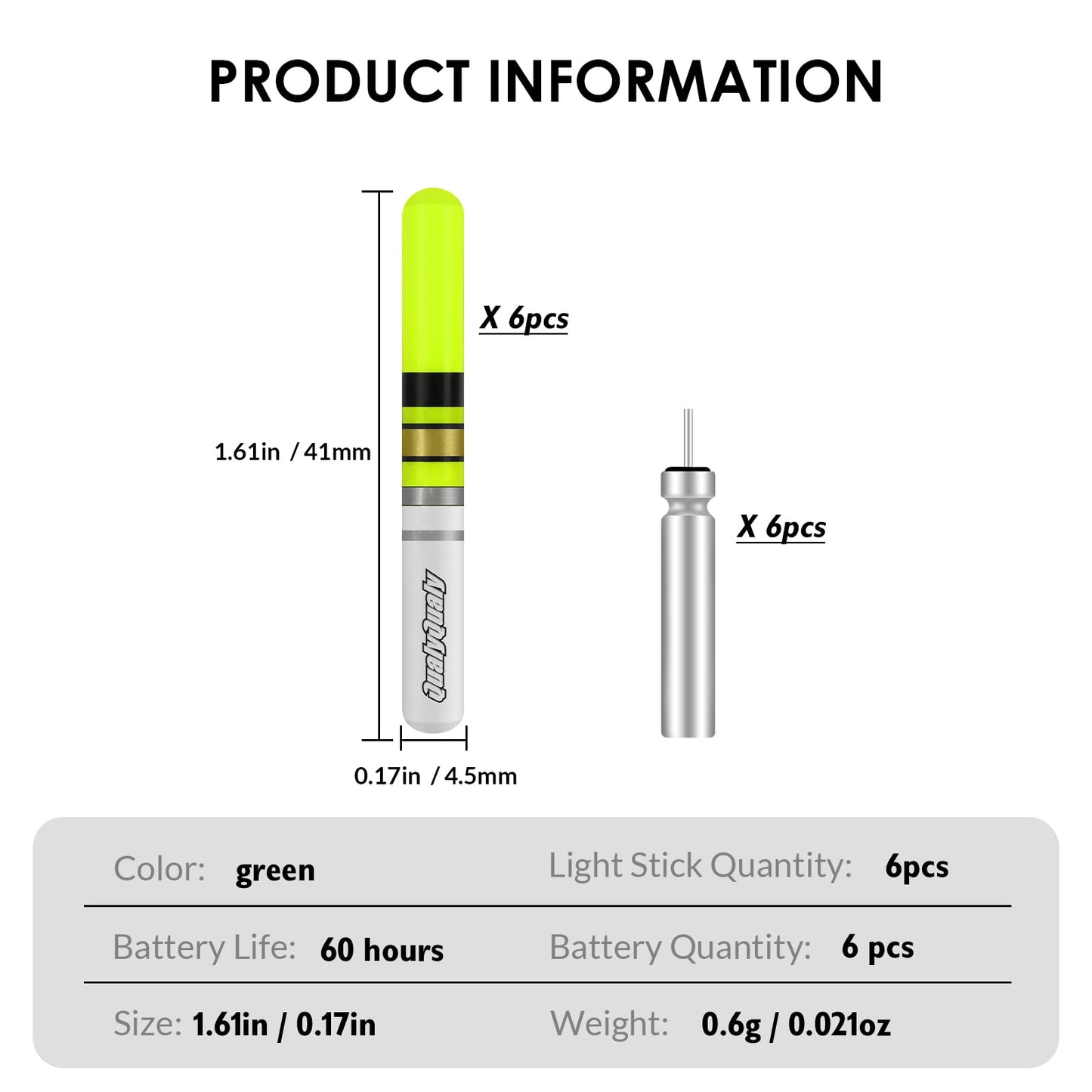 QualyQualy Fishing Glow Sticks, 6 Pcs LED Glow Sticks for Fishing with Batteries, Night Fishing Light Up Fishing Bobbers Floats and Rod Tips