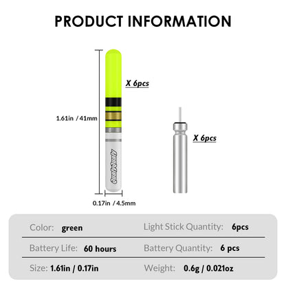 QualyQualy Fishing Glow Sticks, 6 Pcs LED Glow Sticks for Fishing with Batteries, Night Fishing Light Up Fishing Bobbers Floats and Rod Tips