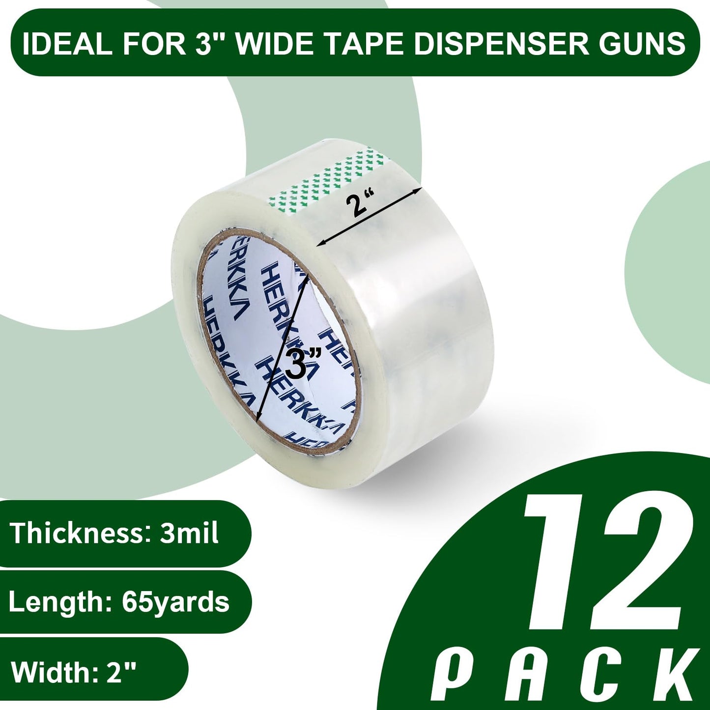 HERKKA Clear Packing Tape, 12 Rolls Heavy Duty Packaging Tape for Shipping Packaging Moving Sealing, 3Mil Thick Clear Packing Tape, 2 inches Wide, 65 Yards Per Roll, 780 Total Yards