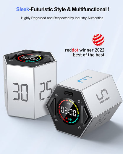 Ticktime Pomodoro Timer, Productivity Timer Cube, 3/5/10/15/25/30 Min Presets, Custom Countdown & Stopwatch 1s–99m59s, Sound/Vibration/Silent, Magnetic, Rechargeable, for ADHD Study Work, Gray