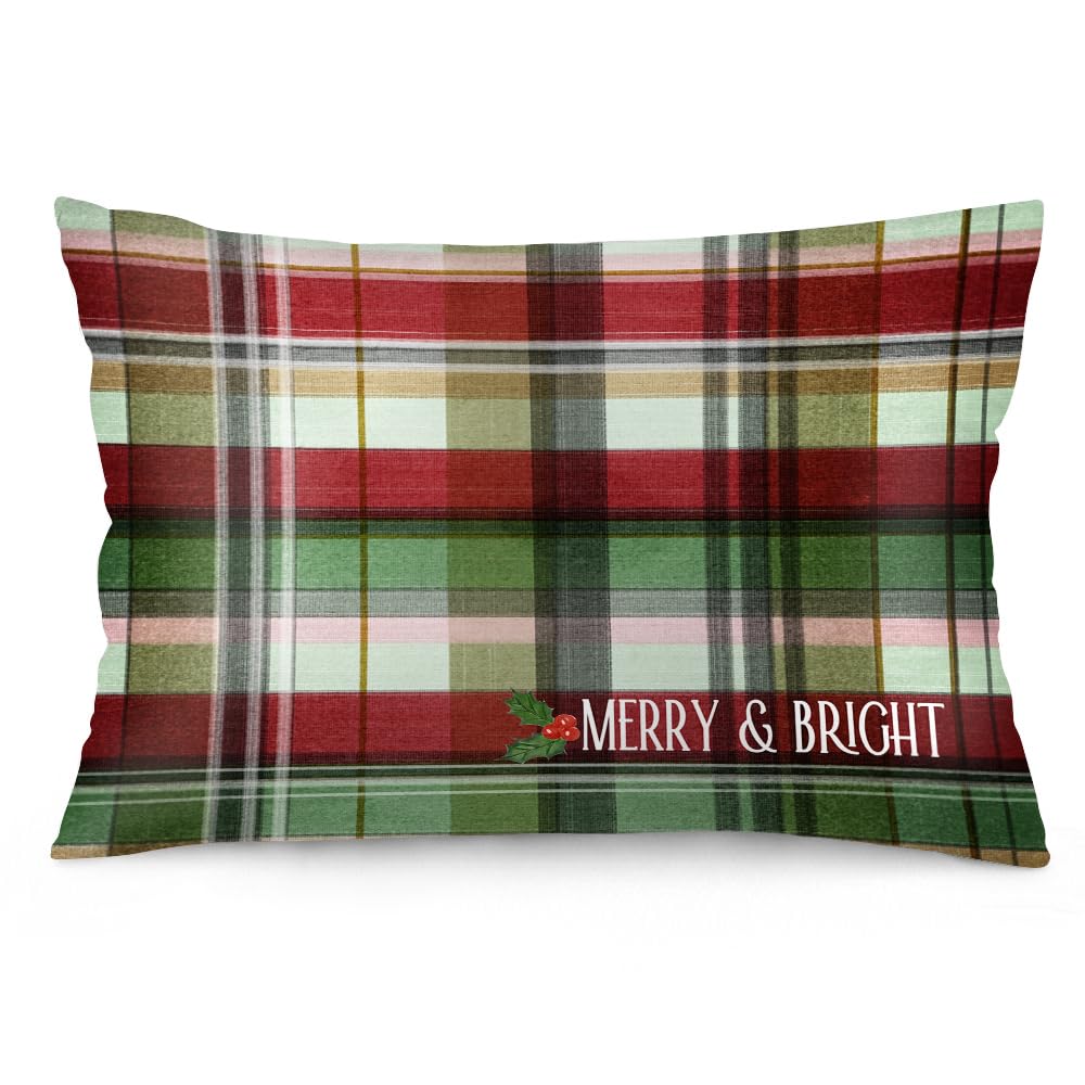 Easternproject Merry & Bright Christmas Buffalo Plaid Checkered Standard Pillowcases 20x26 Inch Double Sided Red Green Scottish Tartan Pillow Case Xmas Holly Berry Sleeping Throw Pillow Covers for Bed