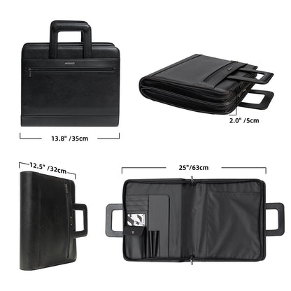 14" Laptop Briefcase, Vegan Leather Portfolio with Zipper Compartments x 2, A4 Papers Holder Padfolio Organizer, Brown